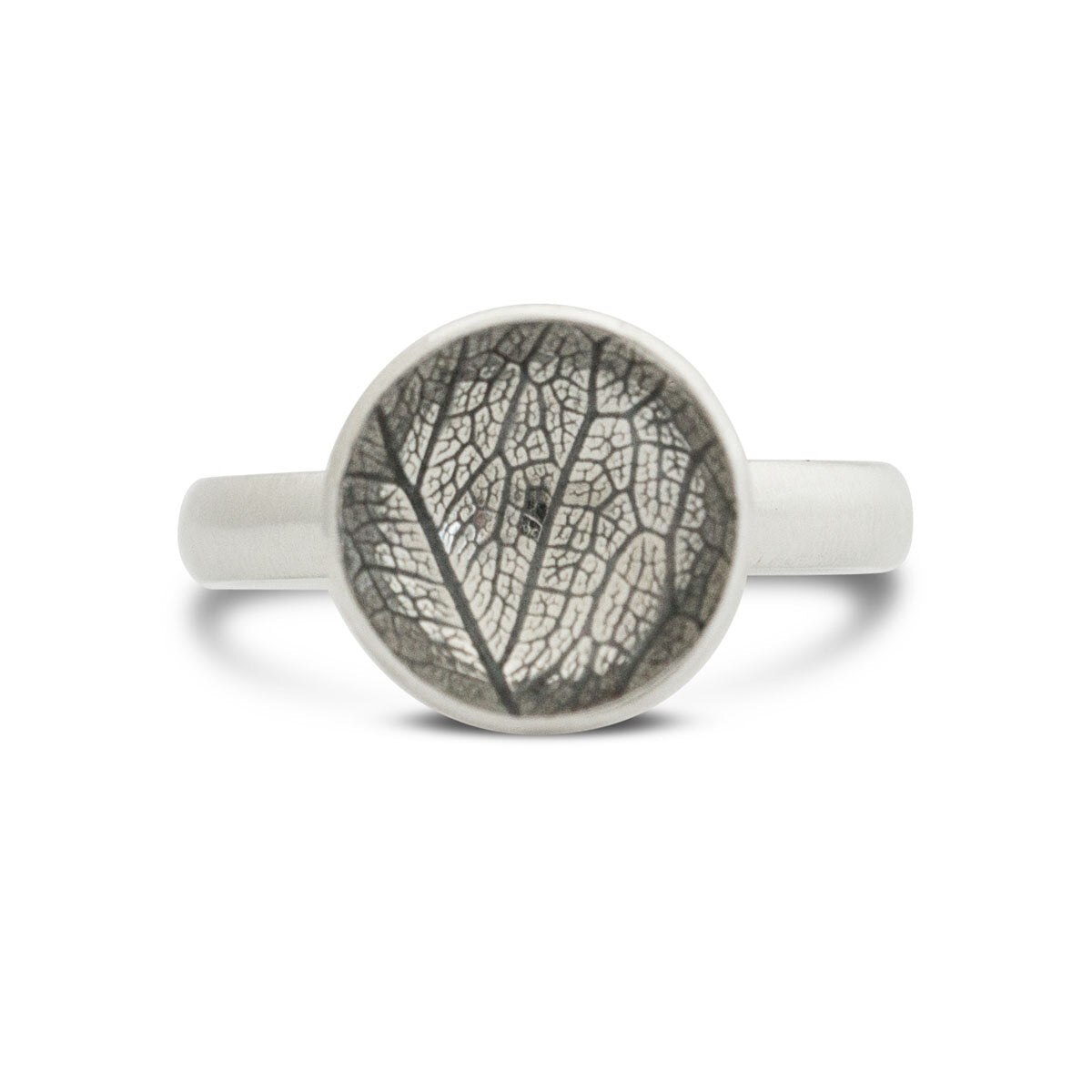 Kate Phipps Jewellery Domed circles ring large oxidised leaf skeleton textured silver product photo
