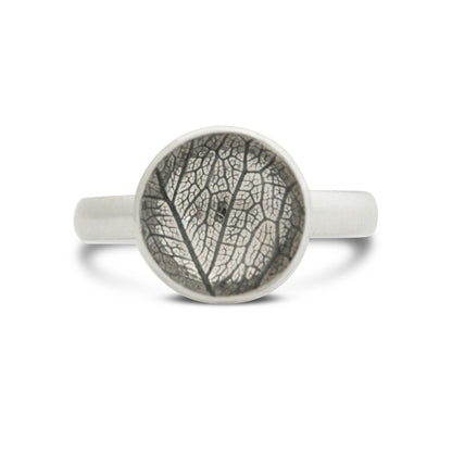 Kate Phipps Jewellery Domed circles ring large oxidised leaf skeleton textured silver product photo