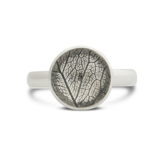 Kate Phipps Jewellery Domed circles ring large oxidised leaf skeleton textured silver product photo