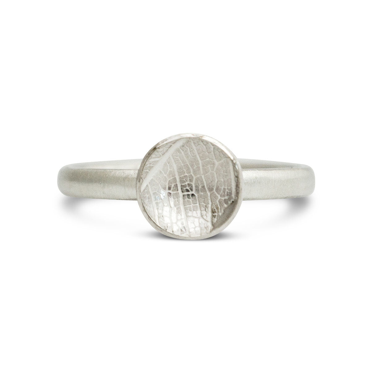 Kate Phipps Jewellery Domed circles ring medium leaf skeleton textured silver product photo