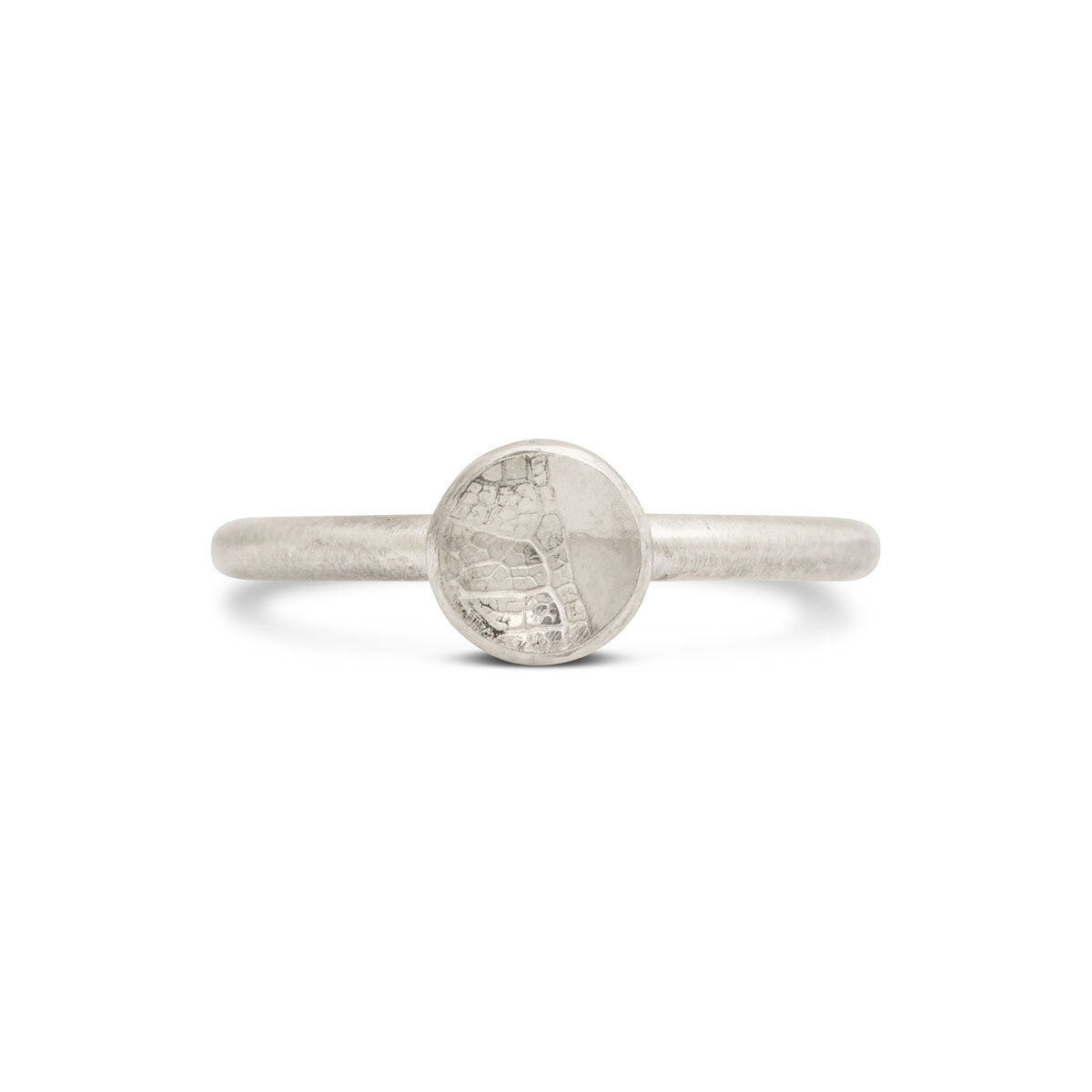 Kate Phipps Jewellery Domed circles ring small leaf skeleton textured silver product photo