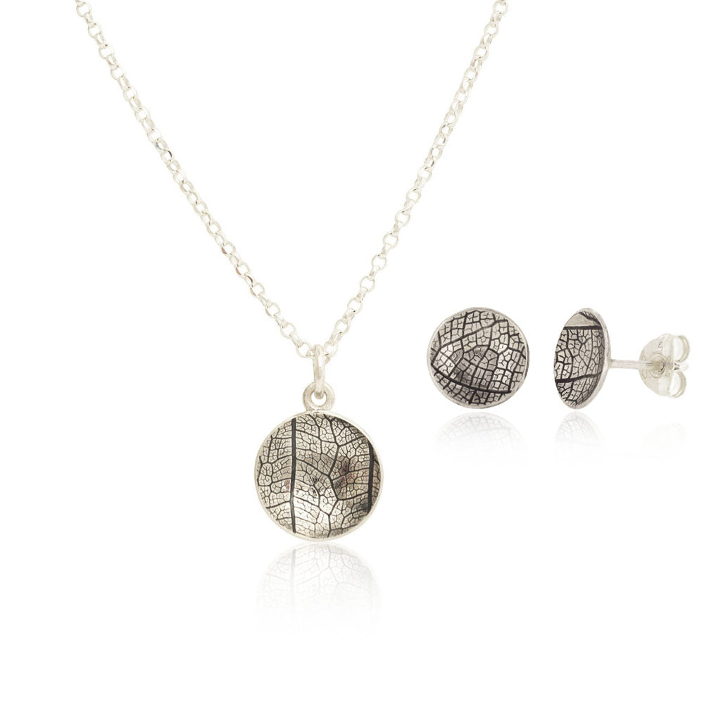Kate Phipps Jewellery Domed circles set necklace 13mm reversible oxidised silver leaf skeleton textured silver and medium studs product photo
