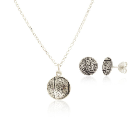 Kate Phipps Jewellery Domed circles set necklace 13mm reversible oxidised silver leaf skeleton textured silver and medium studs product photo