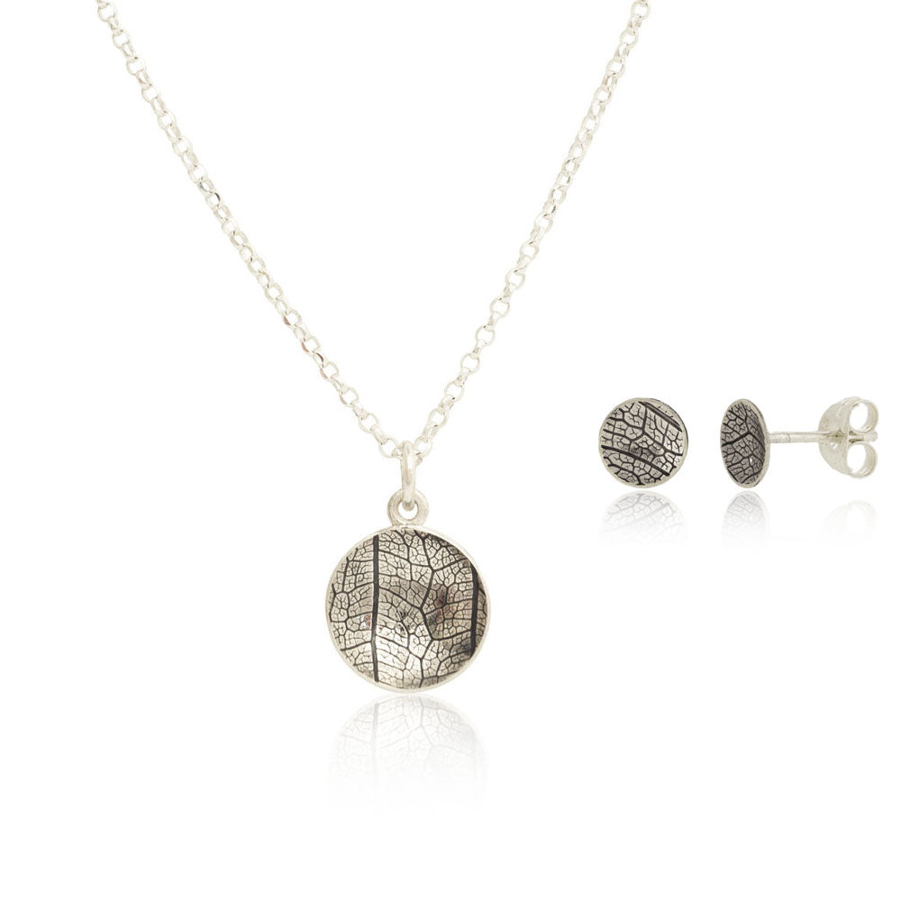 Kate Phipps Jewellery Domed circles set necklace 13mm reversible oxidised silver leaf skeleton textured silver and small studs product photo