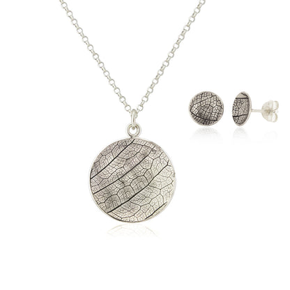 Kate Phipps Jewellery Domed circles set necklace 21mm reversible oxidised silver leaf skeleton textured silver and medium studs product photo