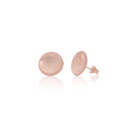 Kate Phipps Jewellery Domed circles stud earrings large 18 carat rose gold plated silver leaf skeleton texture product photo