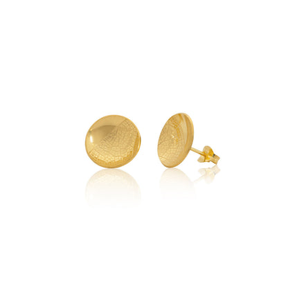 Kate Phipps Jewellery Domed circles stud earrings large 22 carat yellow gold plated silver leaf skeleton texture product photo