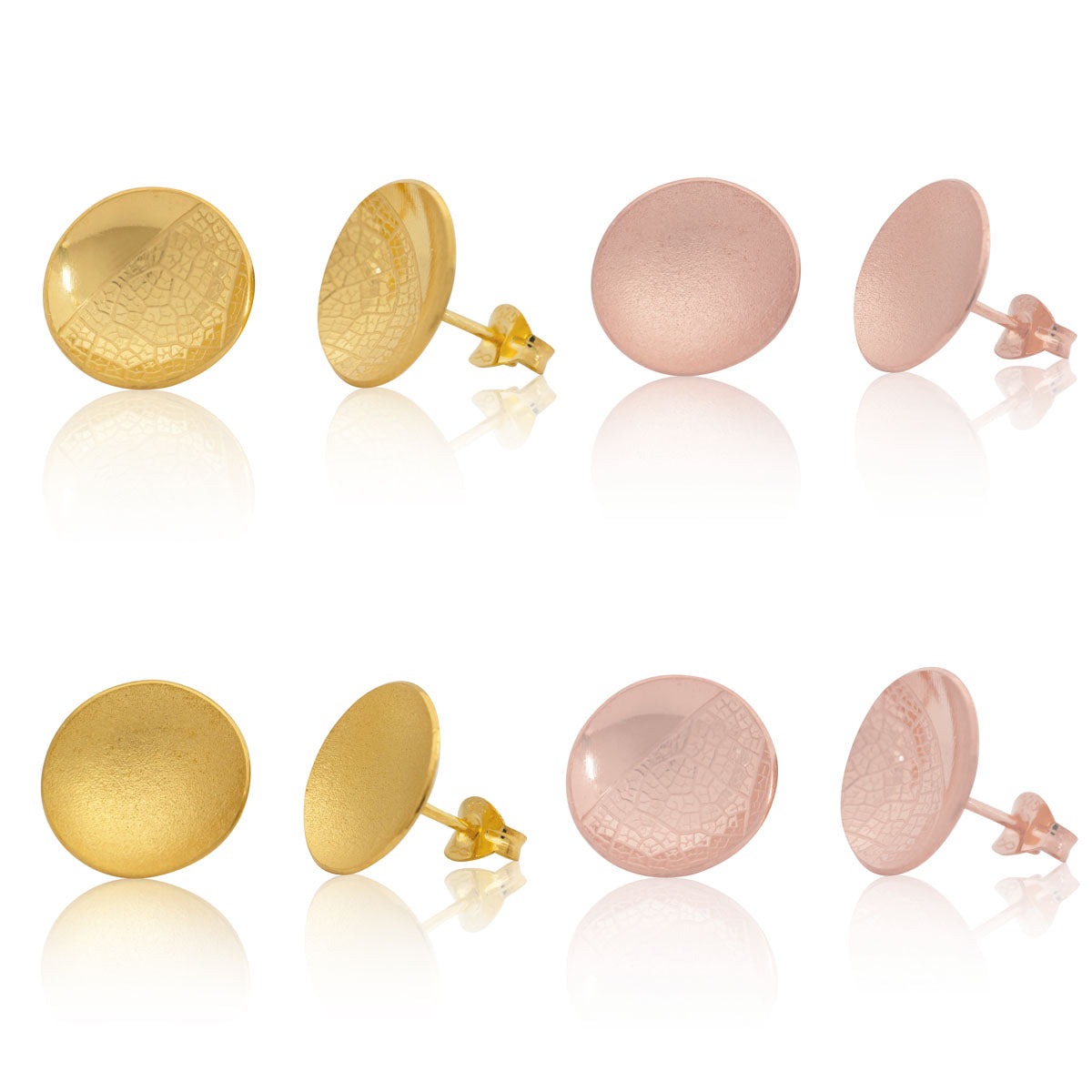 Kate Phipps Jewellery Domed circles stud earrings large gold plated silver with leaf skeleton and satin finishs montage of 4 product photo