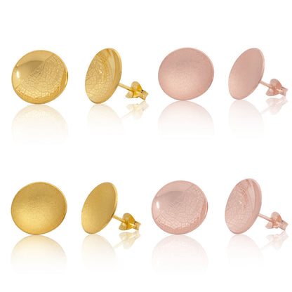 Kate Phipps Jewellery Domed circles stud earrings large gold plated silver with leaf skeleton and satin finishs montage of 4 product photo