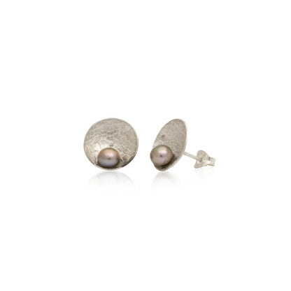 Kate Phipps Jewellery Domed circles stud earrings large lace textured silver lilac grey pearl product photo