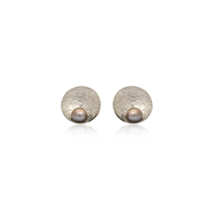 Kate Phipps Jewellery Domed circles stud earrings large lace textured silver with lilac grey pearl product photo