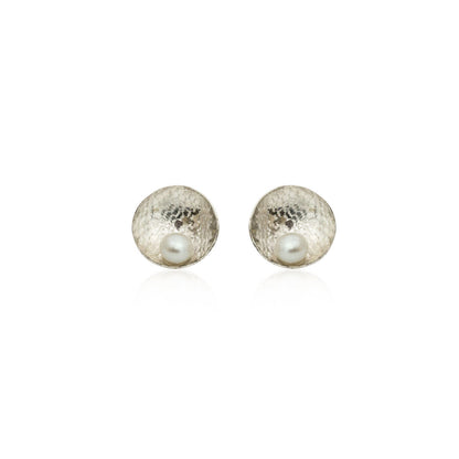 Kate Phipps Jewellery Domed circles stud earrings large lace textured silver with white pearl product photo