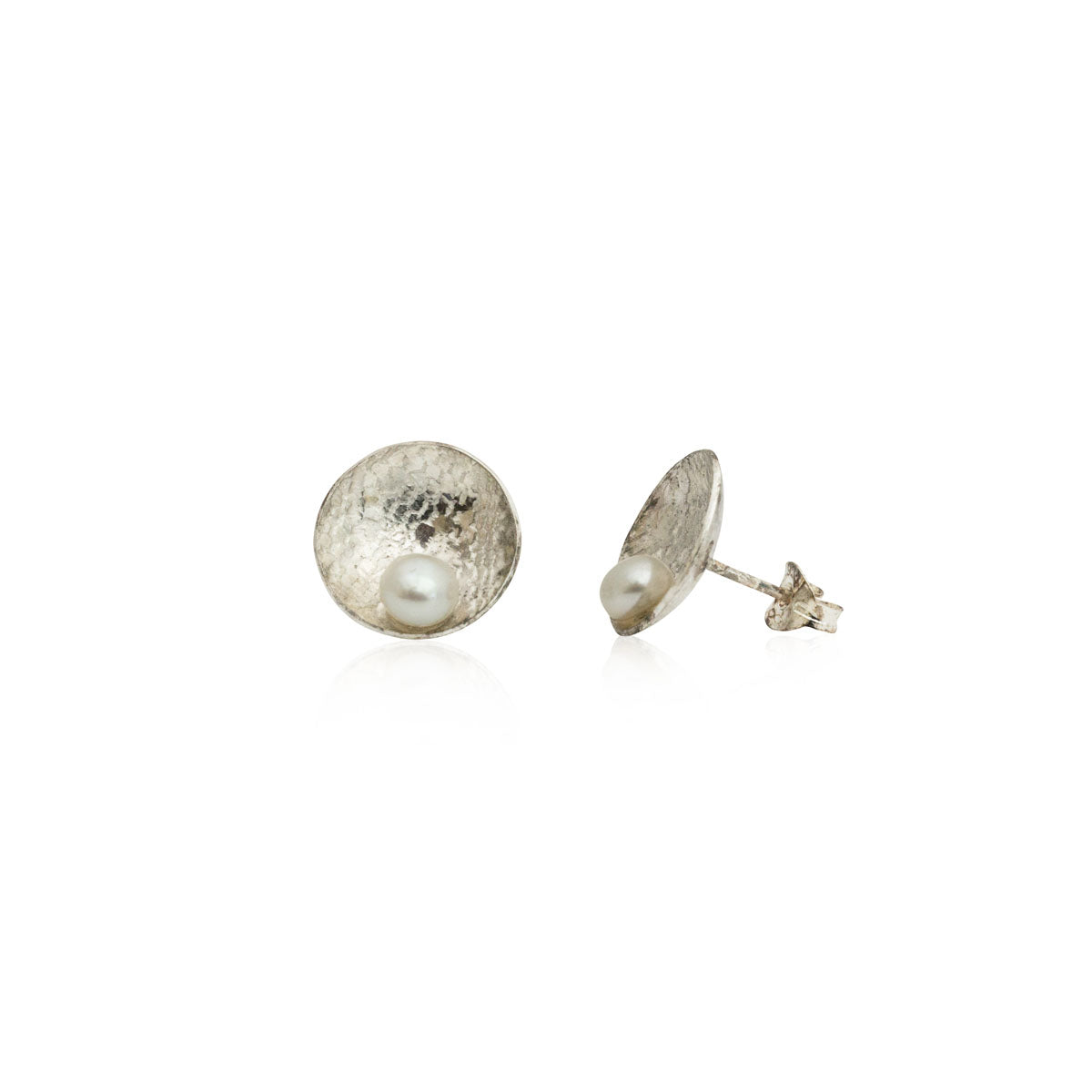 Kate Phipps Jewellery Domed circles stud earrings large lace textured silver with white pearl one side on product photo