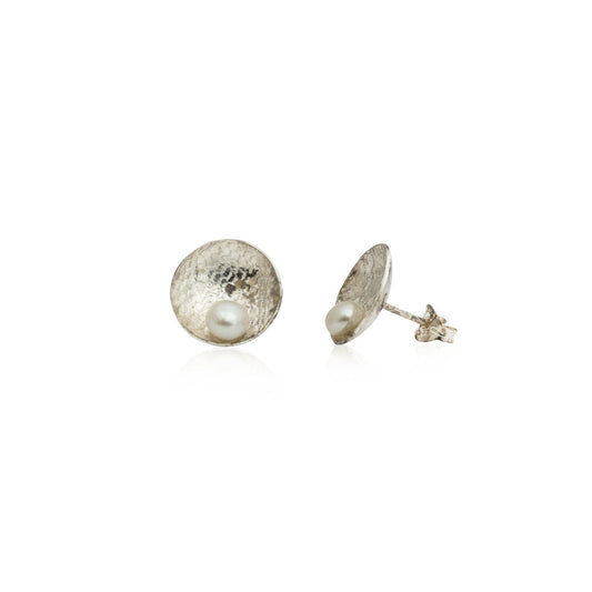 Kate Phipps Jewellery Domed circles stud earrings large lace textured silver with white pearl one side on product photo