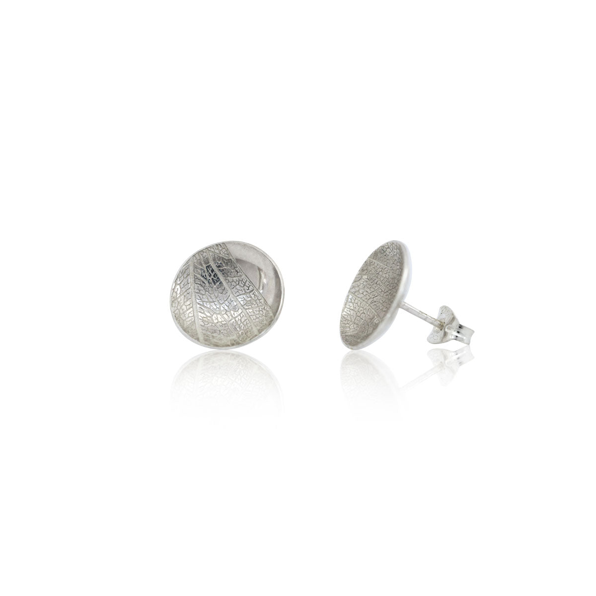 Kate Phipps Jewellery Domed circles stud earrings large leaf skeleton textured silver