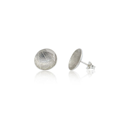 Kate Phipps Jewellery Domed circles stud earrings large leaf skeleton textured silver