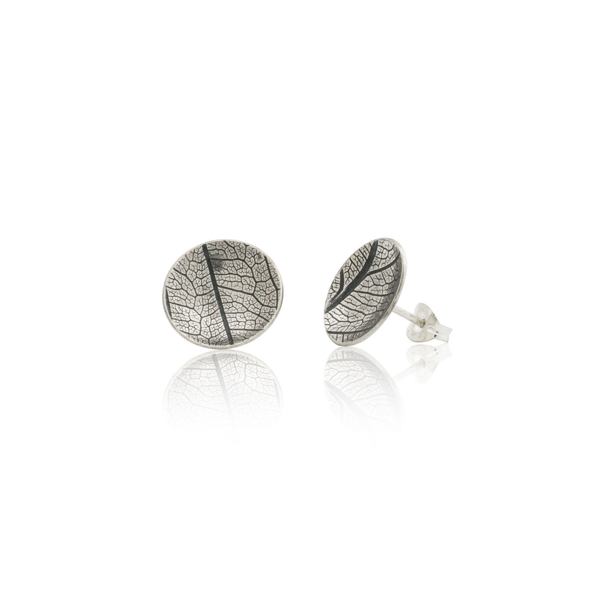 Kate Phipps Jewellery Domed circles stud earrings large oxidised silver leaf skeleton texture product photo