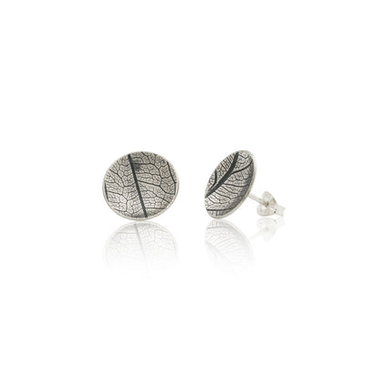 Kate Phipps Jewellery Domed circles stud earrings large oxidised silver leaf skeleton texture product photo