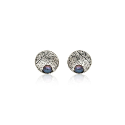 Kate Phipps Jewellery Domed circles stud earrings large oxidised silver leaf textured silver with peacock pearl product photo