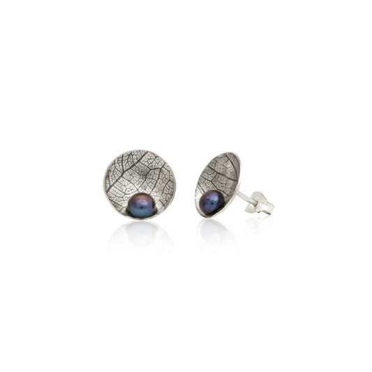 Kate Phipps Jewellery Domed circles stud earrings large oxidised silver leaf textured silver with peacock pearl  product photo
