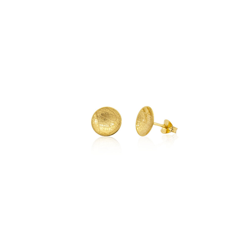 Kate Phipps Jewellery Domed circles stud earrings medium 22 carat yellow gold plated silver leaf skeleton texture