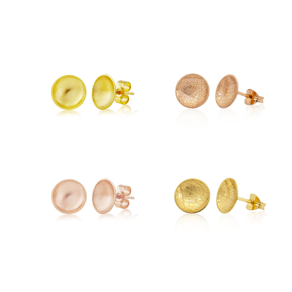 Kate Phipps Jewellery Domed circles stud earrings medium Four pairs in different textures rose and yellow gold plated silver