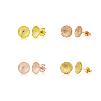 Kate Phipps Jewellery Domed circles stud earrings medium Four pairs in different textures rose and yellow gold plated silver