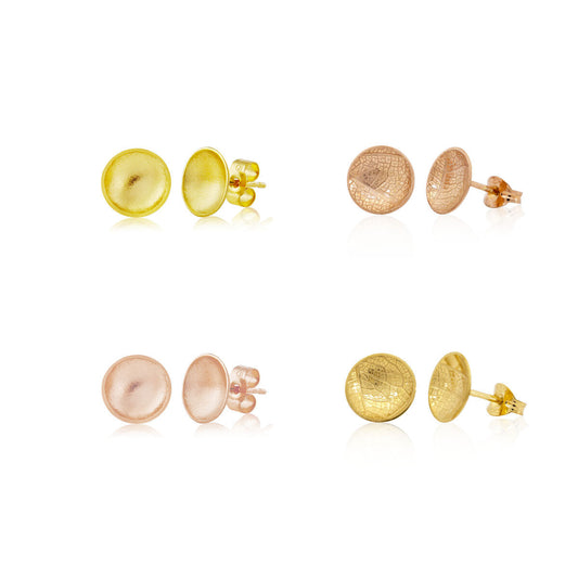 Kate Phipps Jewellery Domed circles stud earrings medium Four pairs in different textures rose and yellow gold plated silver