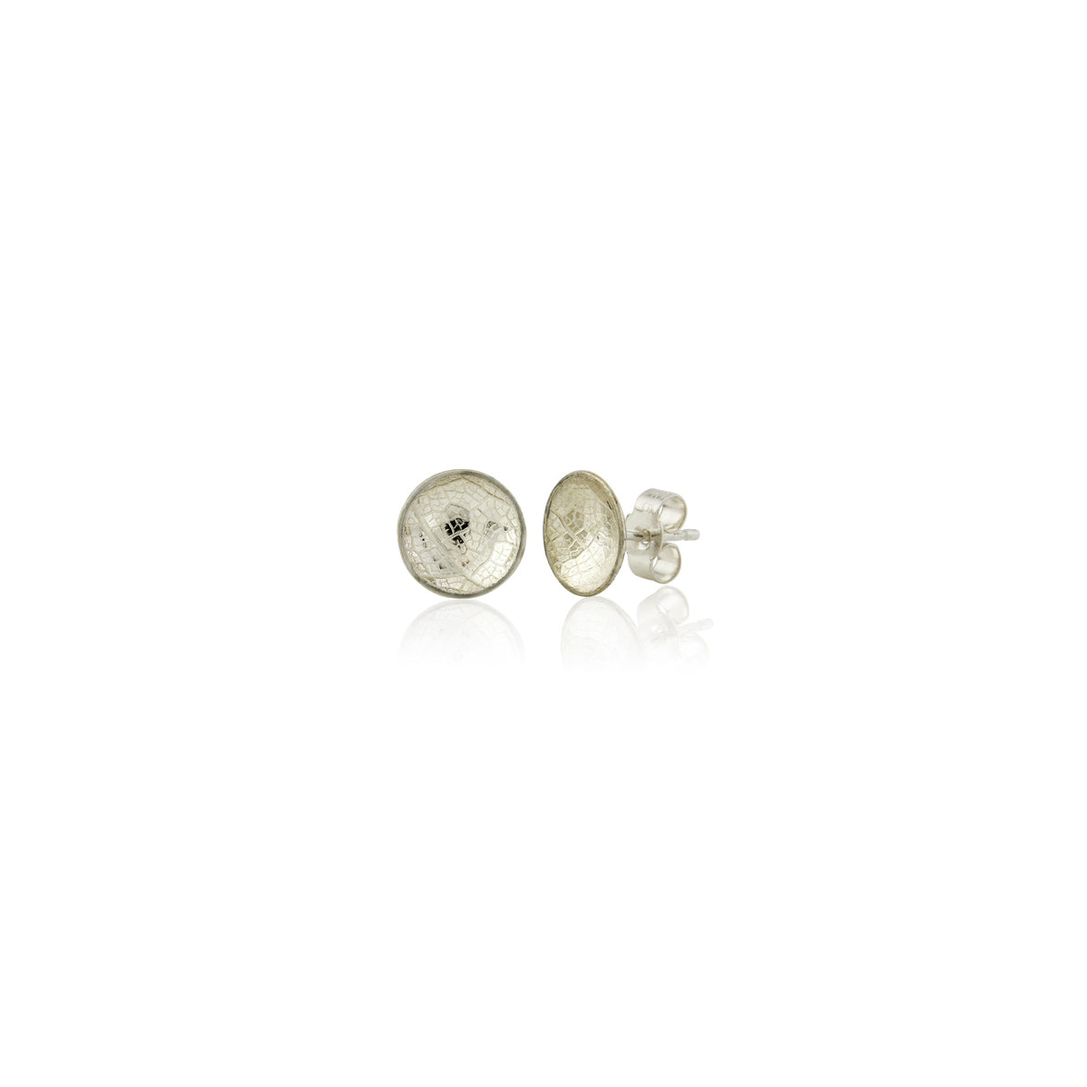 Kate Phipps Jewellery Domed circles stud earrings medium leaf skeleton textured silver
