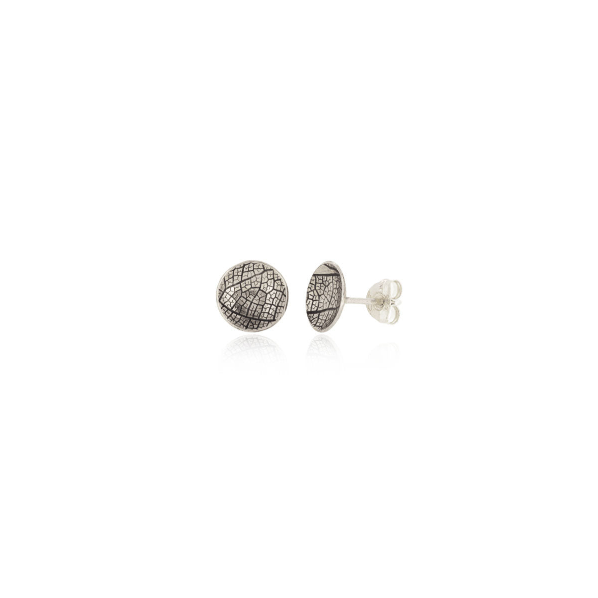 Kate Phipps Jewellery Domed circles stud earrings medium oxidised silver leaf skeleton texture product photo