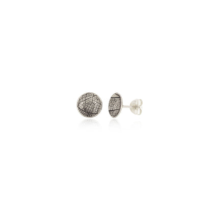 Kate Phipps Jewellery Domed circles stud earrings medium oxidised silver leaf skeleton texture product photo
