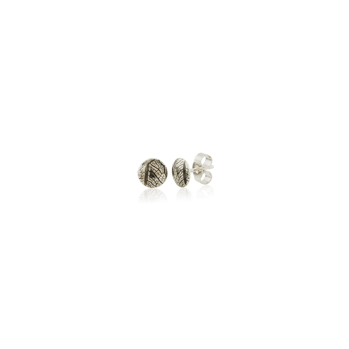 Kate Phipps Jewellery Domed circles stud earrings small convex oxidised silver leaf skeleton texture product photo