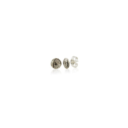 Kate Phipps Jewellery Domed circles stud earrings small convex oxidised silver leaf skeleton texture product photo