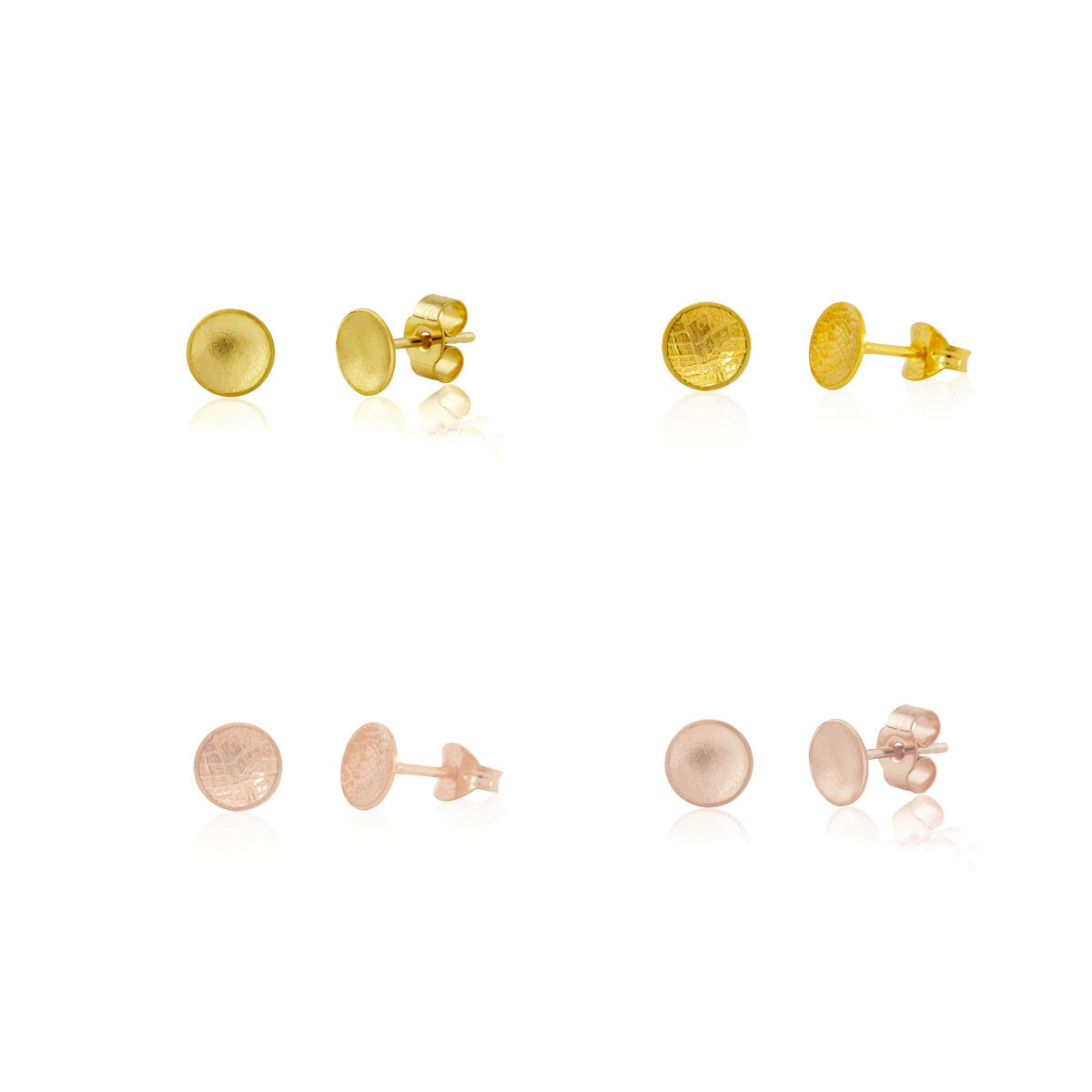 Kate Phipps Jewellery Domed circles stud earrings small four pairs in different textures rose and yellow gold plated silver