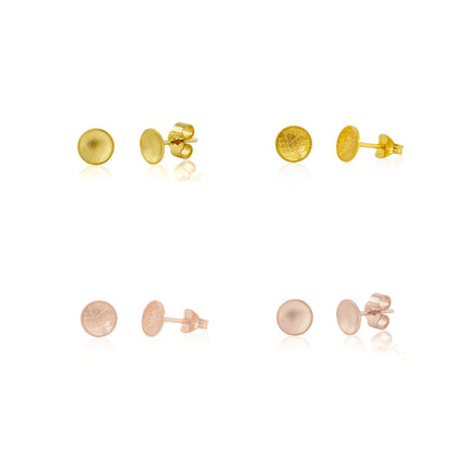 Kate Phipps Jewellery Domed circles stud earrings small four pairs in different textures rose and yellow gold plated silver