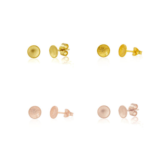 Kate Phipps Jewellery Domed circles stud earrings small four pairs in different textures rose and yellow gold plated silver