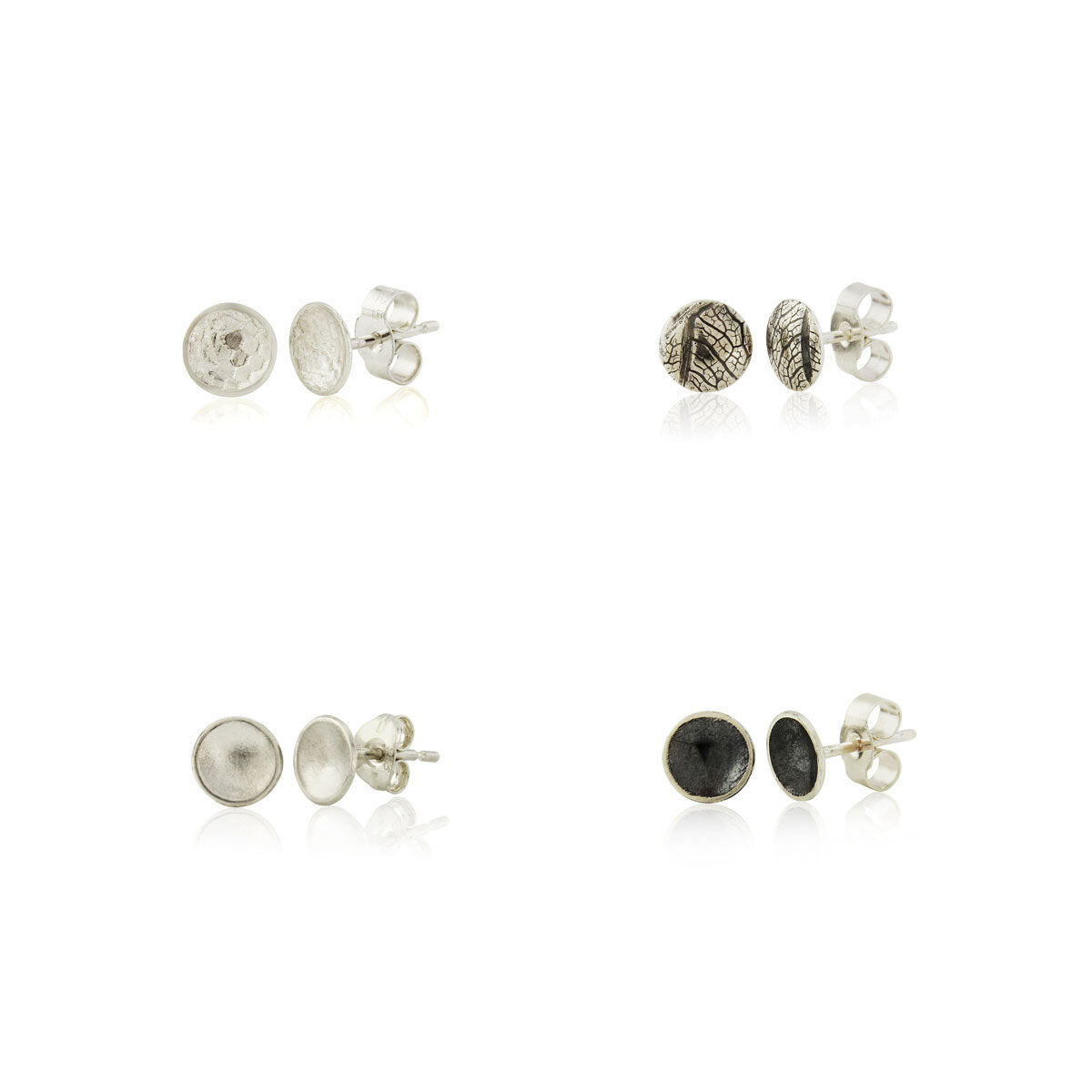 Kate Phipps Jewellery Domed circles stud earrings small four silver pairs in differed textures