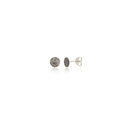 Kate Phipps Jewellery Domed circles stud earrings small oxidised silver leaf skeleton texture product photo