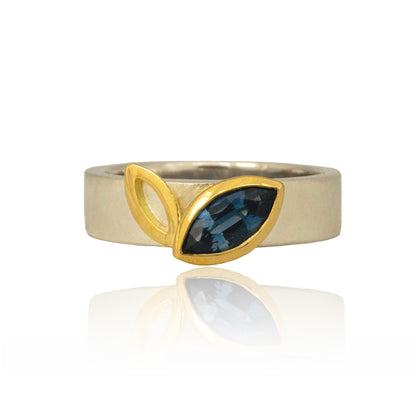 Facet Line ring with marquise shaped blue sapphire, 18 carat yellow gold and silver - size O 1/2 to P