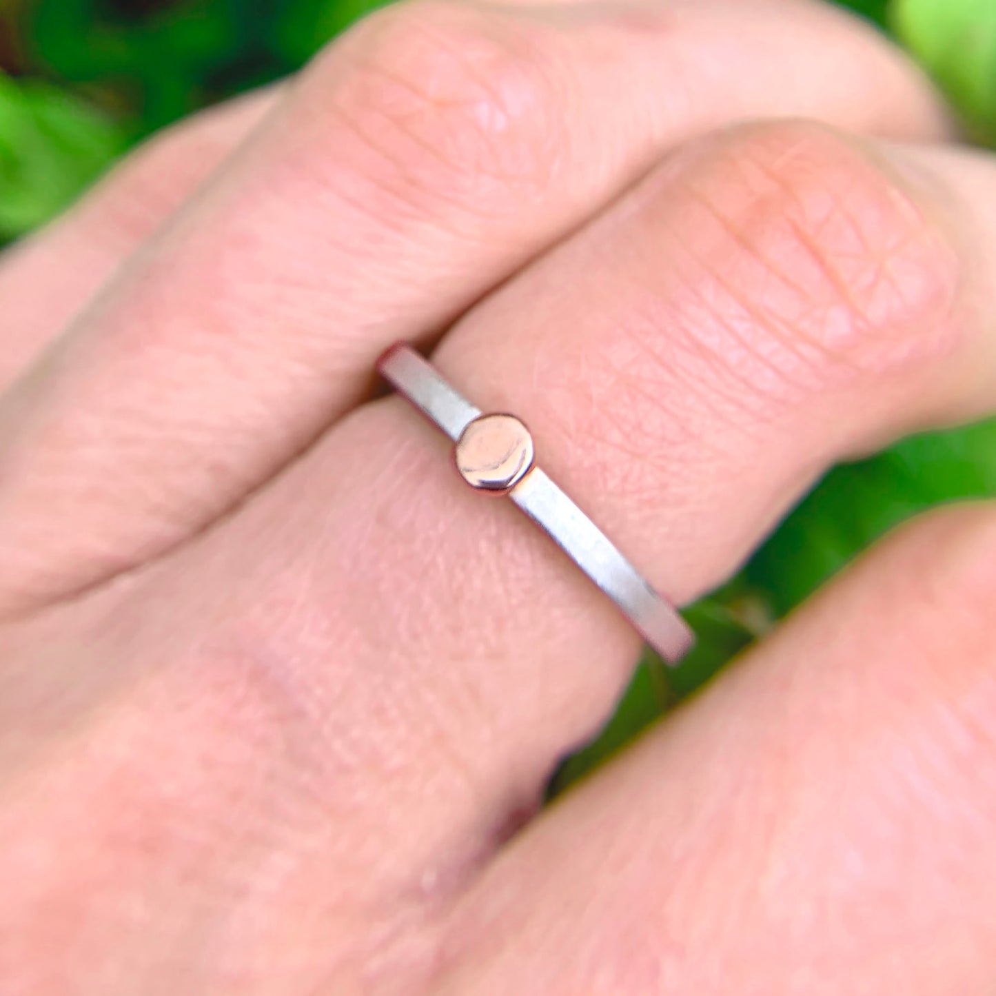 Kate Phipps Jewellery Nugget ring 9 carat rose gold nugget on square profile silver ring band model photo