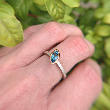 Kate Phipps Jewellery Nugget ring Swiss blue topaz set in 9 carat rose gold and silver ring model photo 3