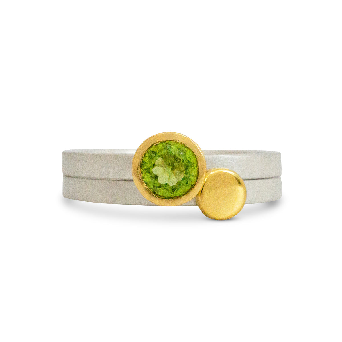 Kate Phipps Jewellery Nugget ring set peridot 18 carat yellow gold nugget and silver ring band pair stacked