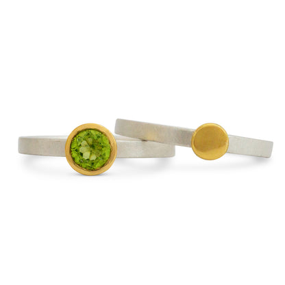 Kate Phipps Jewellery Nugget ring set peridot 18 carat yellow gold nugget silver ring bands pair side