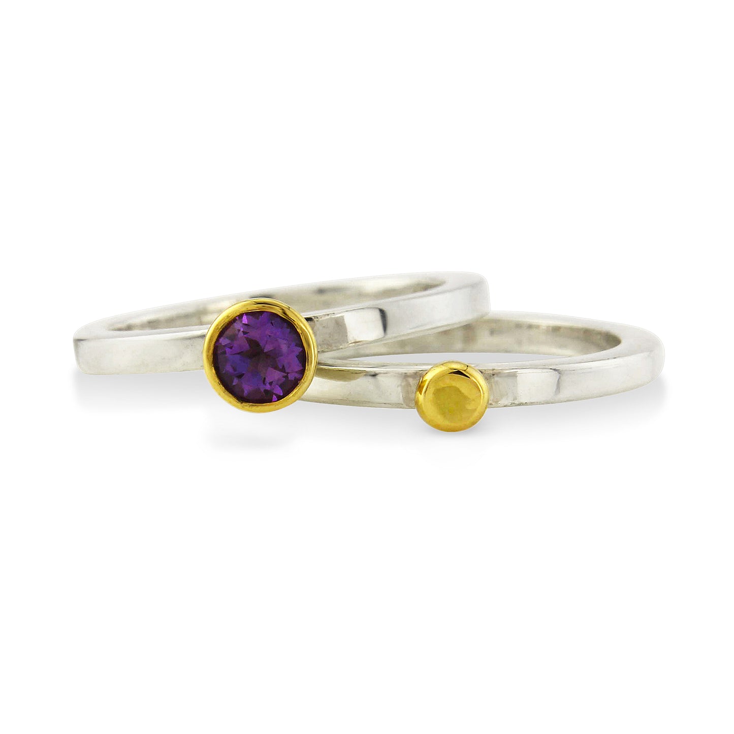 Amethyst, silver and 18 carat yellow gold nugget ring set - size L to L 1/2