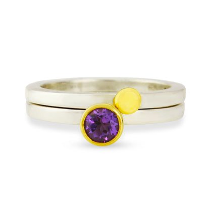 Amethyst, silver and 18 carat yellow gold nugget ring set - size L to L 1/2