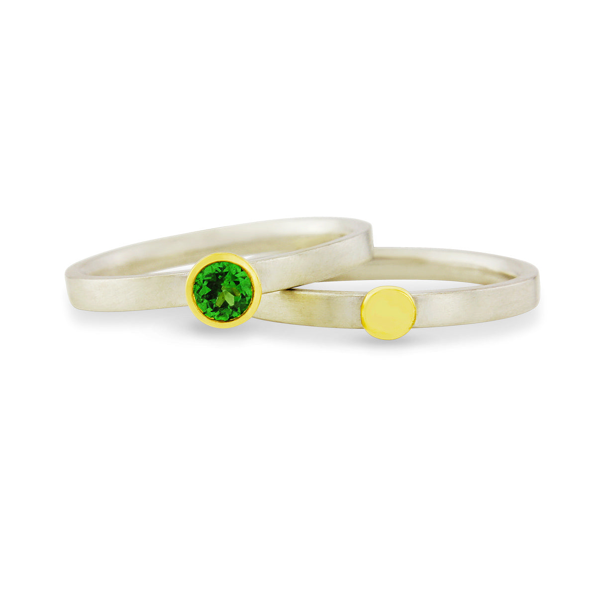 Kate Phipps Jewellery Nugget stacking ring set 18 carat yellow gold nugget silver and green tourmaline rings not stacked