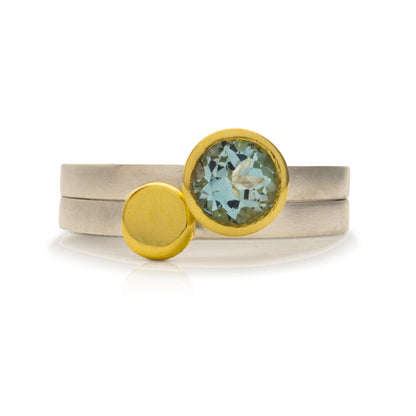 Kate Phipps Jewellery Nugget stacking ring set 18 carat yellow gold nugget silver and sky blue topaz large nugget