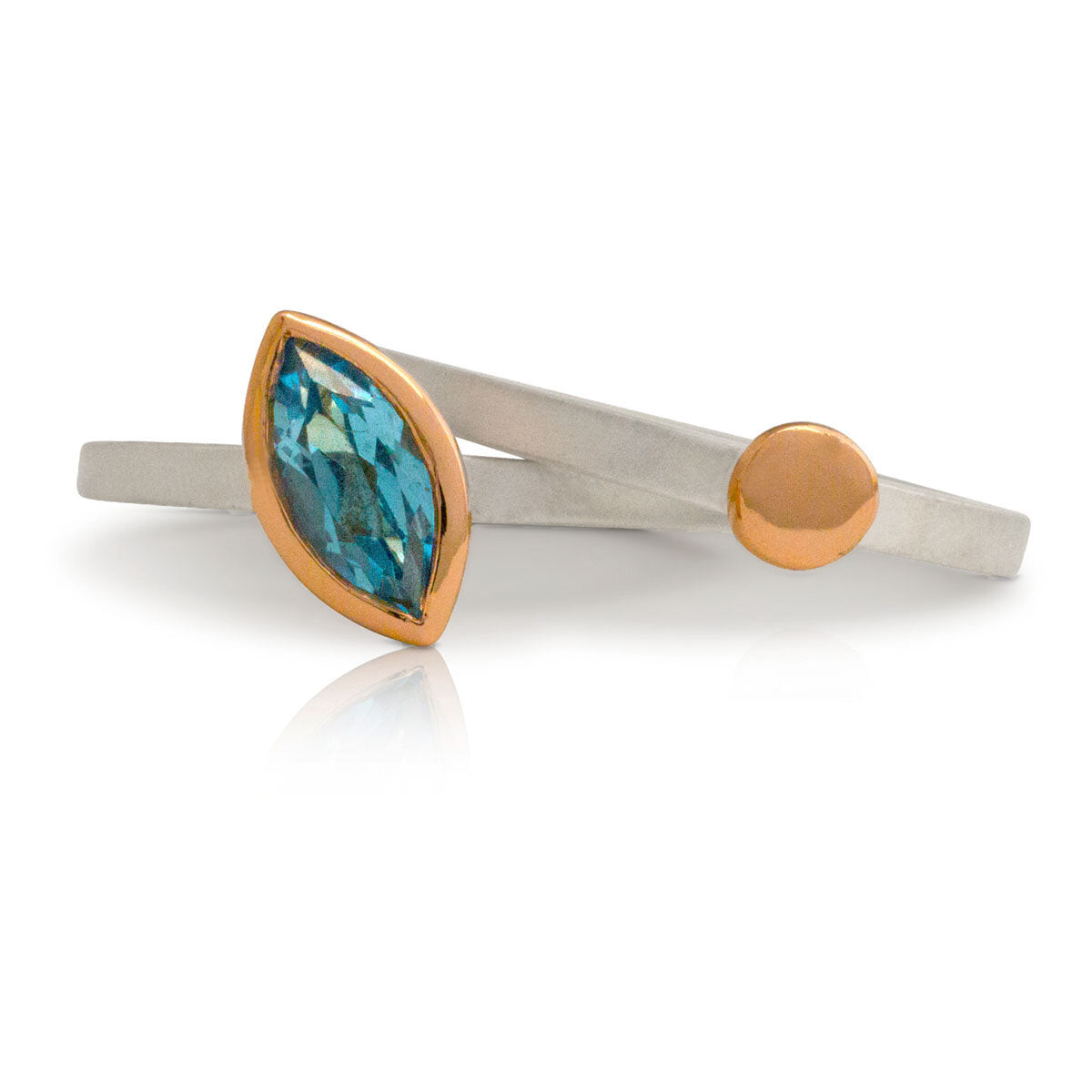 Kate Phipps Jewellery Nugget stacking ring set Swiss blue topaz set in 9 carat rose gold rose gold nugget and silver side by side