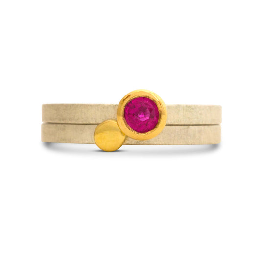 Kate Phipps Jewellery Nugget stacking ring set ruby set in 18 carat yellow gold with 18 carat yellow gold nugget on silver ring bands
