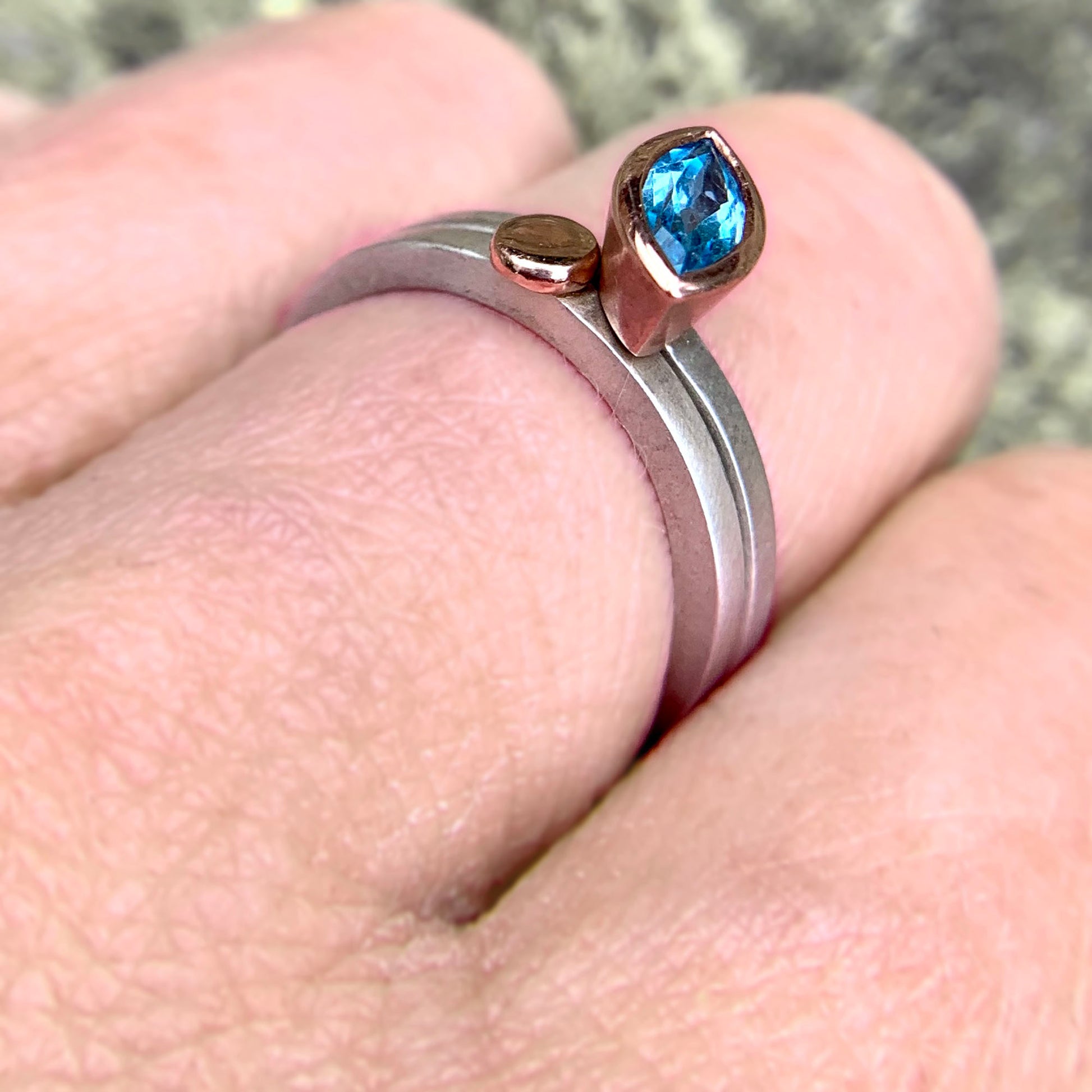 Kate Phipps Jewellery Nugget stacking rings marquise swiss blue topaz set in 9 carat rose gold 9 carat rose gold nugget on silver ring bands model photo 2